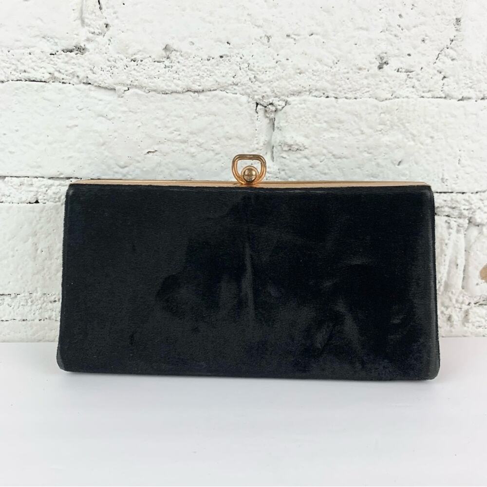 Vintage 50s Kisslock Crushed Velvet Black Evening Clutch Handbag